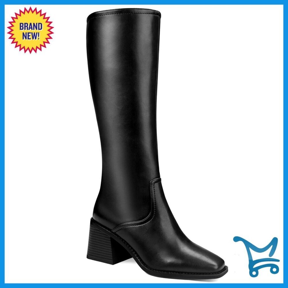 Knee High Boots Faux Leather Square Toe Chunky Heel Side Zipper Women's Shoes